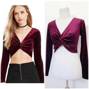 Burgundy Velour Long Sleeve Crop Top with Twist Center | Forever 21, Small